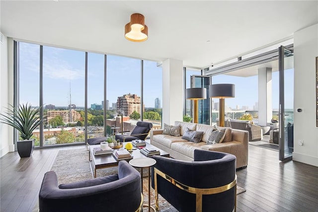 living room featuring dark wood-type flooring and a wall of windows