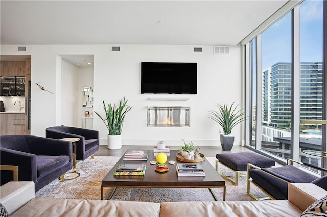 living room with floor to ceiling windows and wood-type flooring