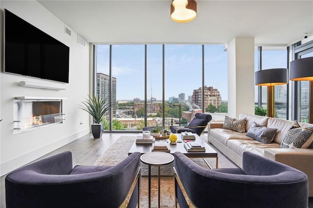 living room with hardwood / wood-style flooring, a wall of windows, and a healthy amount of sunlight