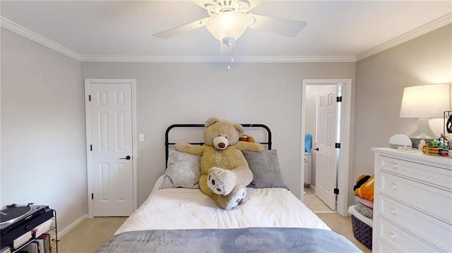 bedroom with ornamental molding, light carpet, ceiling fan, and baseboards