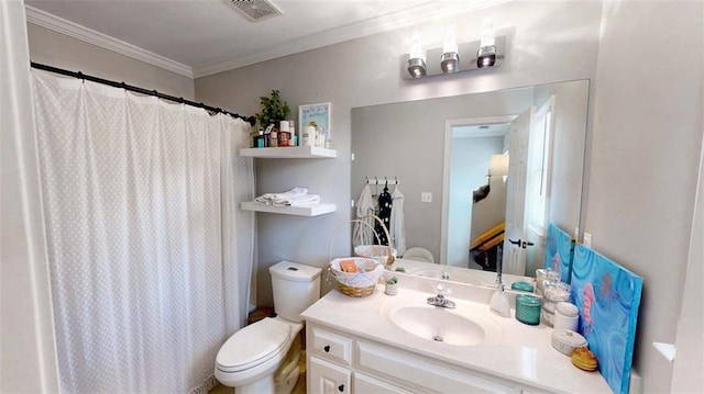 bathroom featuring ornamental molding, toilet, vanity, and curtained shower
