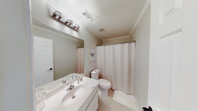 full bathroom featuring ornamental molding, toilet, vanity, tile patterned flooring, and curtained shower