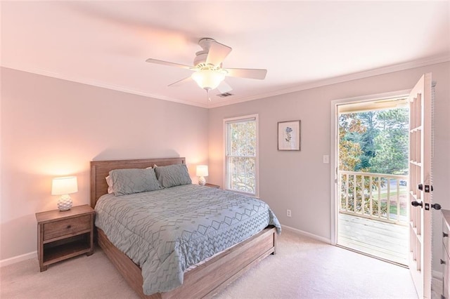 bedroom featuring access to outside, light carpet, baseboards, ornamental molding, and ceiling fan