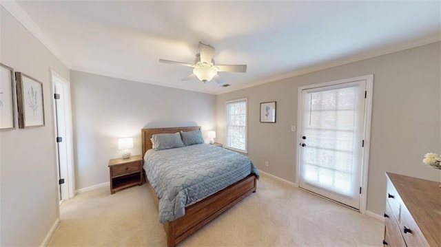 bedroom featuring light carpet, ornamental molding, baseboards, and a ceiling fan