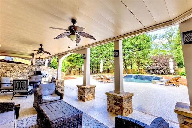 view of patio / terrace with ceiling fan, outdoor lounge area, grilling area, an outdoor pool, and area for grilling