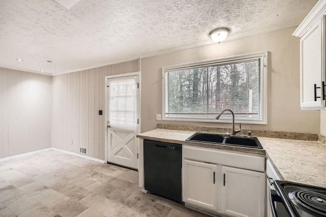 kitchen with range with electric stovetop, white cabinetry, black dishwasher, and sink