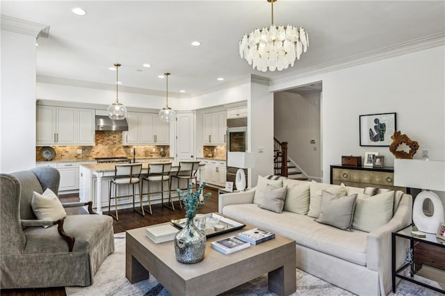 3113 Lenox Rd NE Unit 6, Atlanta, GA 30324 - living area with stairway, crown molding, a chandelier, recessed lighting, and wood finished floors