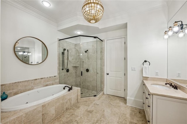 3113 Lenox Rd NE Unit 6, Atlanta, GA 30324 - full bath with a shower stall, a whirlpool tub, vanity, a chandelier, and crown molding