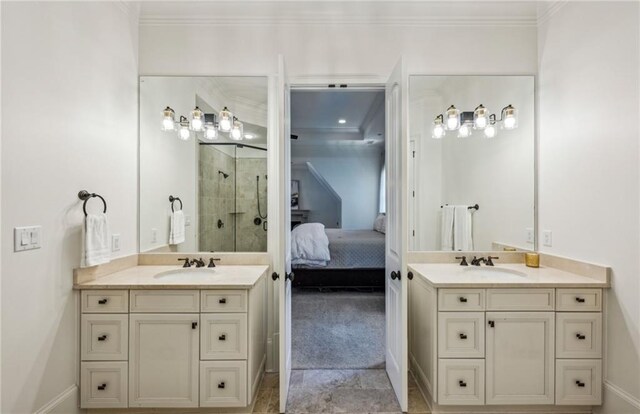 3113 Lenox Rd NE Unit 6, Atlanta, GA 30324 - full bath with two vanities, a stall shower, ensuite bathroom, ornamental molding, and baseboards