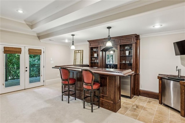 3113 Lenox Rd NE Unit 6, Atlanta, GA 30324 - indoor wet bar with ornamental molding, french doors, baseboards, recessed lighting, and hanging light fixtures