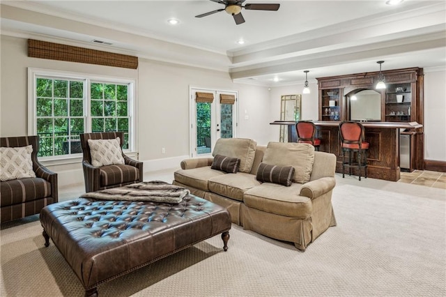 3113 Lenox Rd NE Unit 6, Atlanta, GA 30324 - living room with a bar, crown molding, light carpet, ceiling fan, and recessed lighting