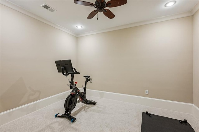 3113 Lenox Rd NE Unit 6, Atlanta, GA 30324 - workout area featuring carpet, crown molding, ceiling fan, recessed lighting, and baseboards