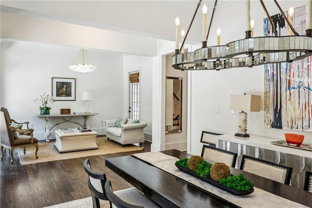 3113 Lenox Rd NE Unit 6, Atlanta, GA 30324 - dining area featuring a chandelier, wood finished floors, stairway, and baseboards