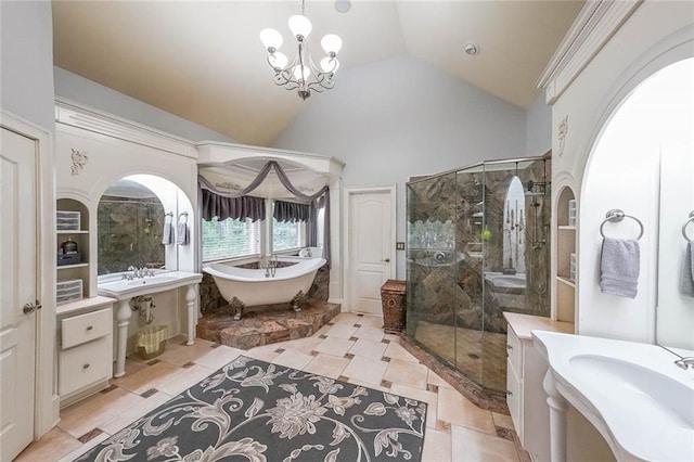 bathroom featuring high vaulted ceiling, tile patterned flooring, a notable chandelier, and plus walk in shower