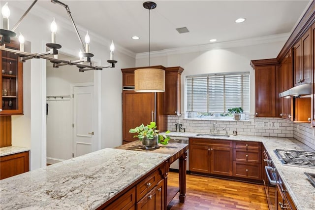 kitchen featuring under cabinet range hood, stainless steel appliances, light stone counters, and a sink