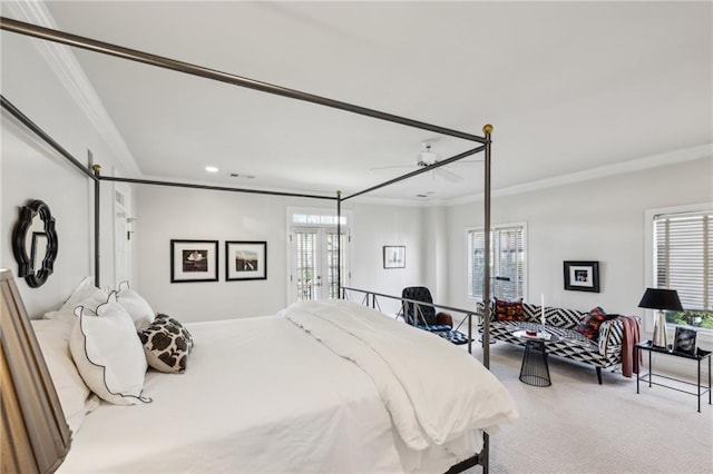 bedroom featuring recessed lighting, carpet, crown molding, and access to outside