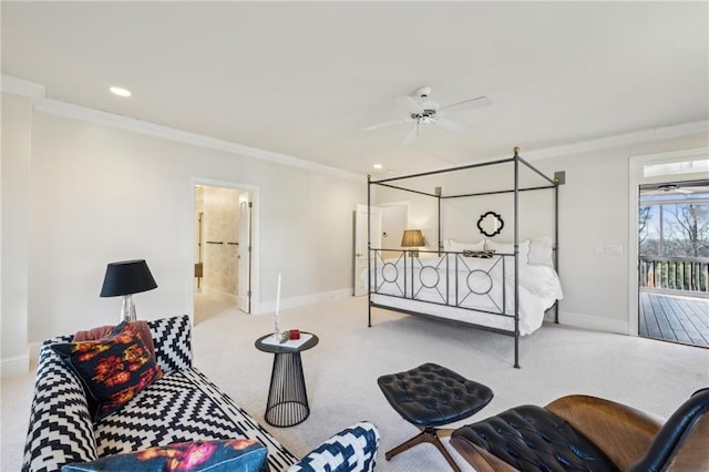 carpeted bedroom featuring recessed lighting, baseboards, ornamental molding, and access to exterior