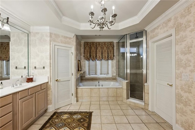 bathroom featuring tile patterned floors, a notable chandelier, a shower stall, wallpapered walls, and a bath