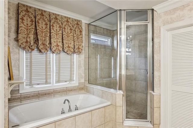 full bathroom featuring a garden tub, a shower stall, crown molding, and wallpapered walls