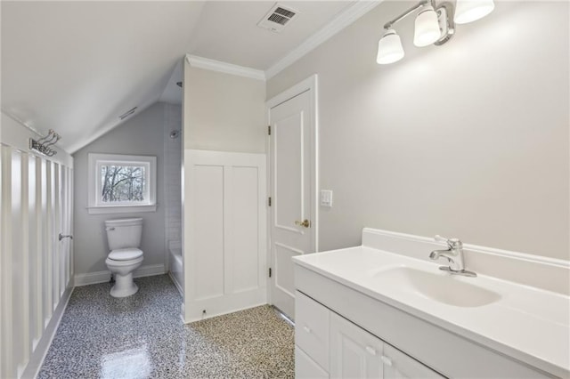 full bath with visible vents, baseboards, toilet, vaulted ceiling, and vanity