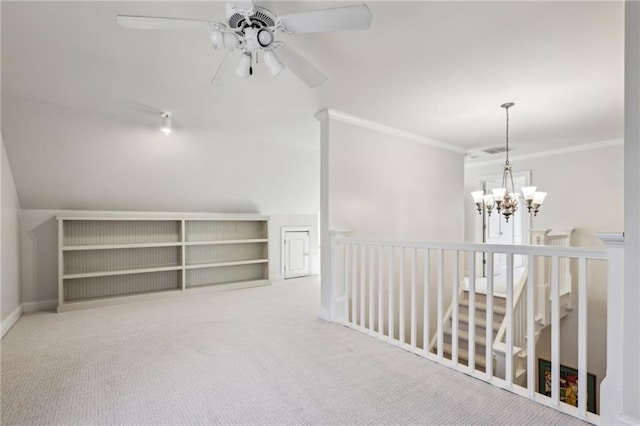 bonus room with visible vents, carpet flooring, and ceiling fan with notable chandelier