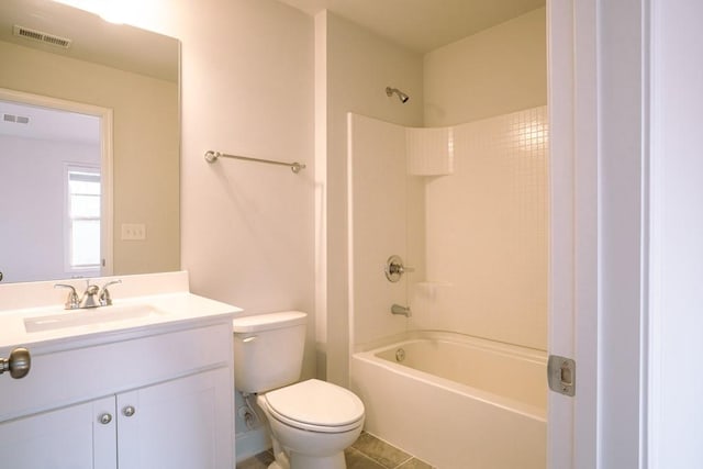 full bathroom featuring tub / shower combination, visible vents, toilet, and vanity