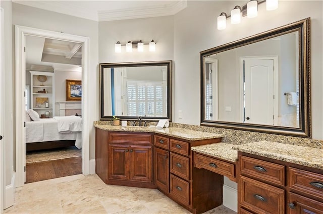 bathroom with beamed ceiling, vanity, crown molding, and coffered ceiling