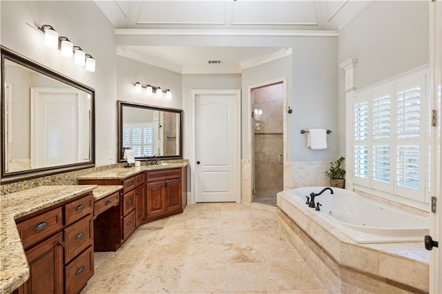 bathroom with vanity, plenty of natural light, shower with separate bathtub, and ornamental molding