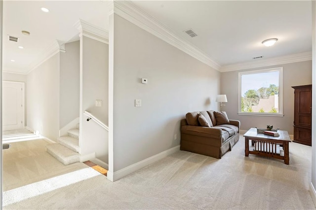 living area featuring crown molding and light carpet