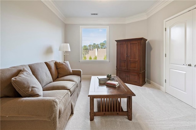 living room with light carpet and crown molding