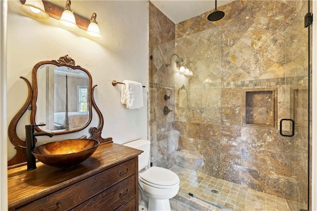 bathroom featuring vanity, toilet, and a shower with door