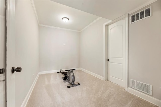 exercise area featuring ornamental molding and light carpet