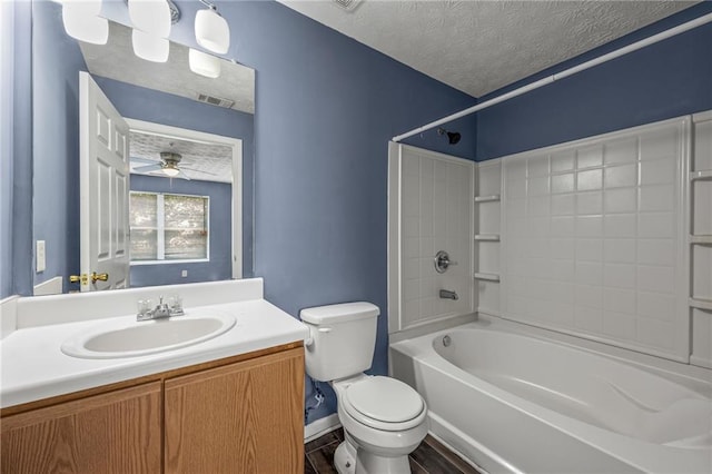 3303 Par Three Way, Lithonia, GA 30038 - bathroom featuring shower / tub combination, vanity, ceiling fan, and a textured ceiling