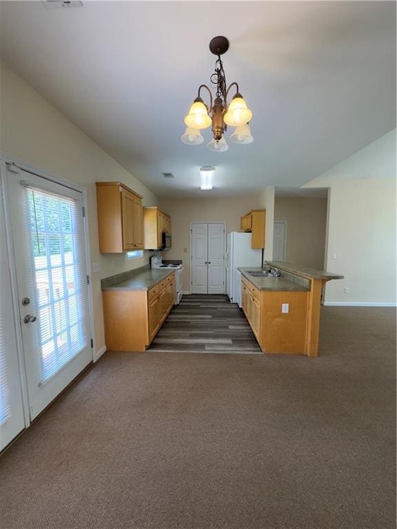 118 Pointe Cir, Dahlonega, GA 30533 - kitchen featuring white appliances, a chandelier, dark carpet, and dark countertops