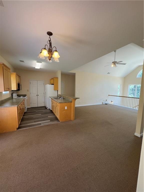 118 Pointe Cir, Dahlonega, GA 30533 - kitchen featuring open floor plan, dark carpet, white appliances, a chandelier, and a ceiling fan