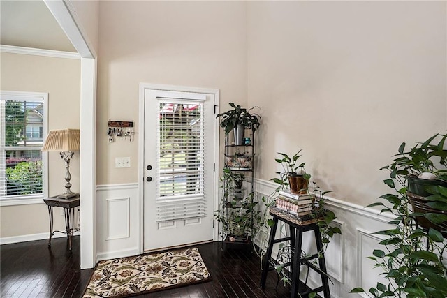 foyer entrance with ornamental molding and dark hardwood / wood-style flooring