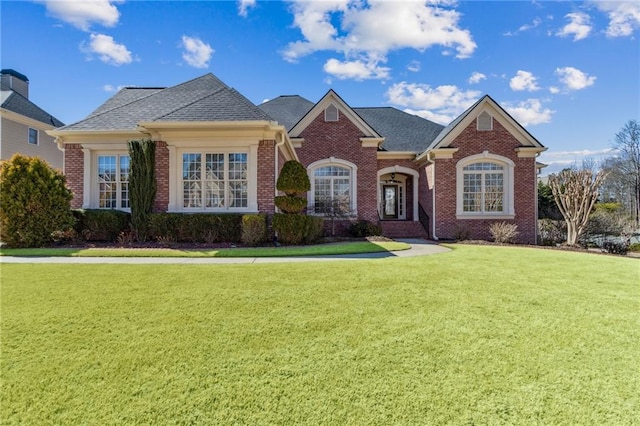 view of front of home with brick siding, roof with shingles, and a front yard