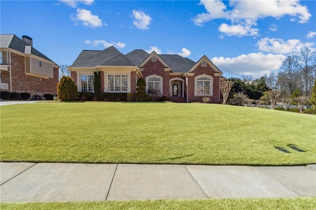 view of front facade featuring brick siding and a front yard