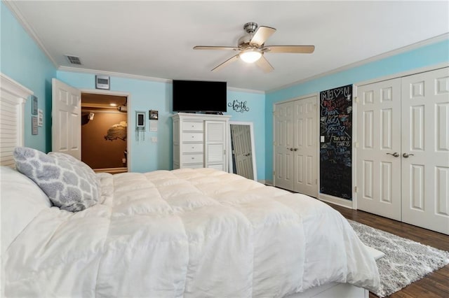 bedroom featuring visible vents, a ceiling fan, ornamental molding, dark wood-type flooring, and two closets