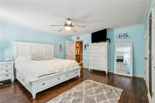 bedroom with a ceiling fan, baseboards, ornamental molding, and dark wood-type flooring