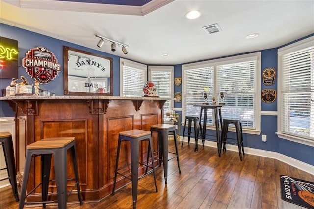 bar featuring baseboards, dark wood finished floors, visible vents, and bar