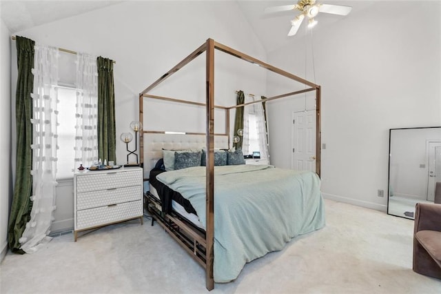 bedroom with lofted ceiling, ceiling fan, carpet flooring, and baseboards