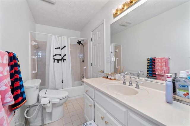 bathroom with a textured ceiling, toilet, vanity, tile patterned floors, and shower / bathtub combination with curtain