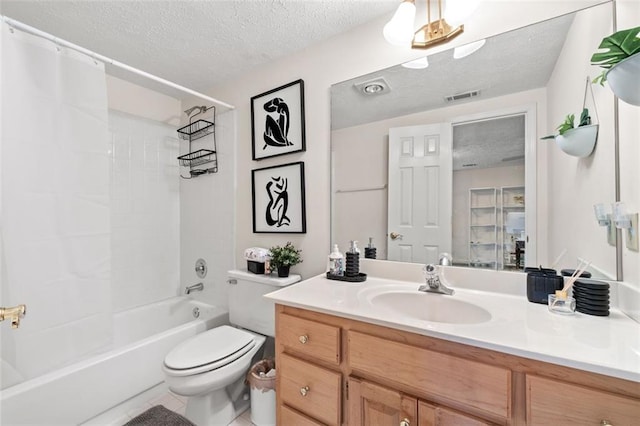 full bathroom with visible vents, toilet, a textured ceiling, vanity, and  shower combination