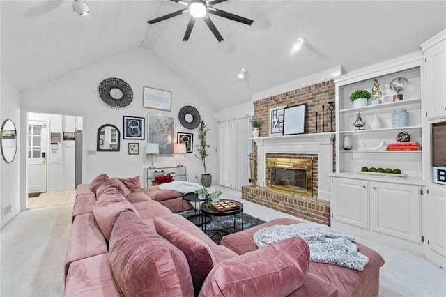 living room featuring built in features, light colored carpet, a brick fireplace, ceiling fan, and high vaulted ceiling