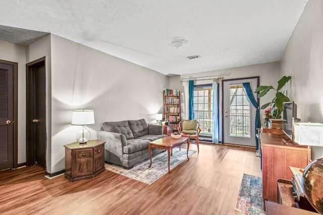 living room featuring a textured ceiling and light hardwood / wood-style flooring