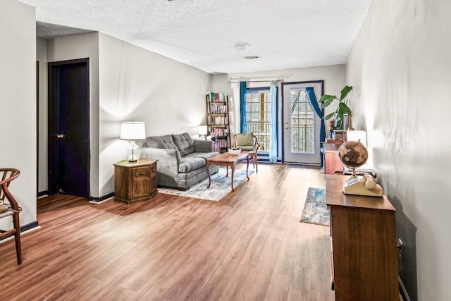 living room featuring hardwood / wood-style flooring and a textured ceiling