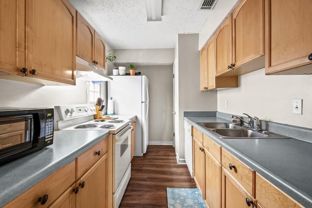 kitchen with sink, white electric range, dark wood-type flooring, and a textured ceiling