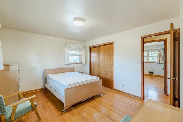 bedroom featuring multiple windows, light hardwood / wood-style floors, and a closet