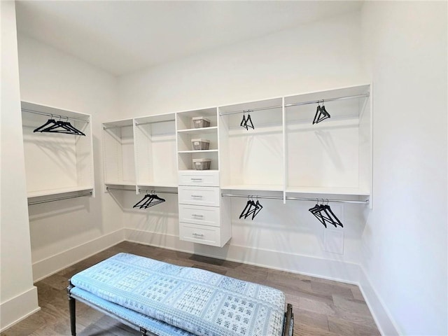 walk in closet with dark wood-type flooring